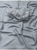 Shimmer grey Georgette saree with striped, embroidered net blouse, Indian traditional wear on model
