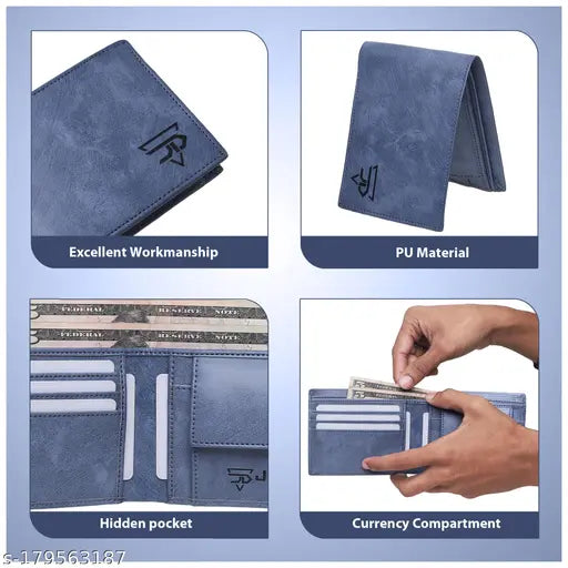 Sky blue canvas & leather BI Men's wallet, solid design with 2 compartments, made in India