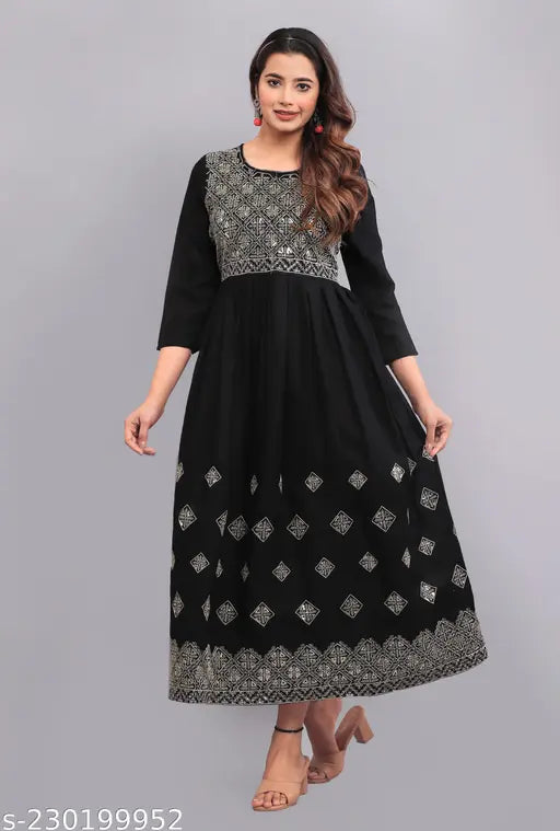 Trendy rayon embroidered Anarkali kurti, three-quarter sleeves, black partywear for women, India origin