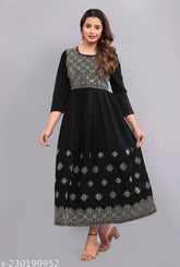 Latest trendy rayon embroidered anarkali kurti, three-quarter sleeves, black partywear for women, India origin