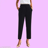 Dream Beauty Fashion solid pleated black polyester trousers with elastic band and pockets, high waist for women, size 28/30/32/34/36