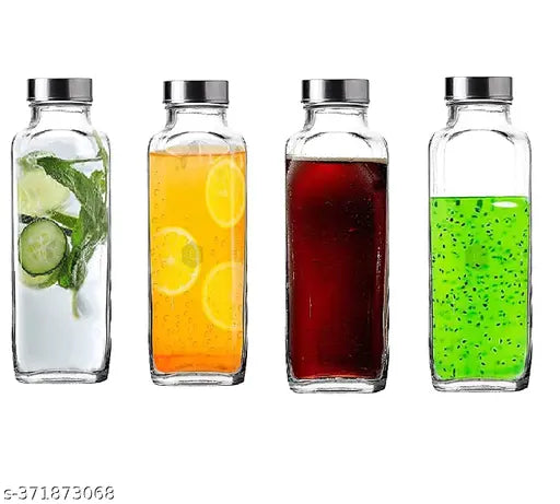 Clear glass French square travel bottles, 1000ml each (Set of 2) - Ideal for home, travel, juicing, water, smoothies