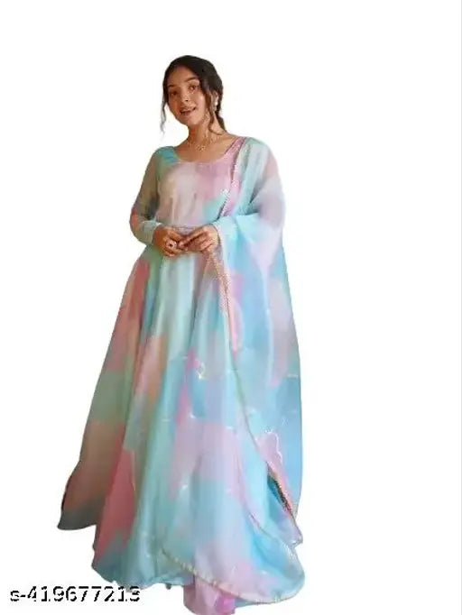 Multicolor georgette, colorblocked western dress with three-quarter sleeves, size M-XXL for women's party wear