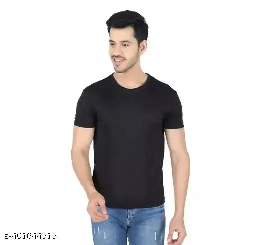 Black, blue, and white men's short-sleeve t-shirts in solid patterns (S, M, L, XL, XXL). Perfect for daily wear, gym, gatherings, or casual-formal outfits. Lightweight, easily washable, and Made in India