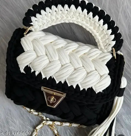 Black handcrafted solid color sling bag for women (pack of 1), self-design pattern, free size, great for summer beach, travel, or casual daily use