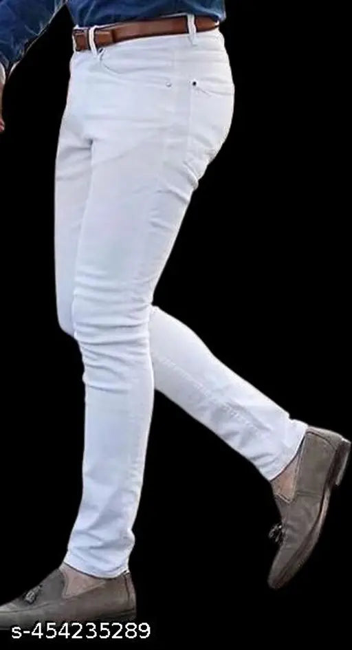White denim jeans for men & boys, solid pattern, partywear style. Dimensions: 28(W-28, L-41, H-29), 30(W-30, L-42, H-31), 32(W-32, L-42, H-33). Made in India