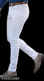 White denim jeans for men & boys, solid pattern, partywear style. Dimensions: 28(W-28, L-41, H-29), 30(W-30, L-42, H-31), 32(W-32, L-42, H-33). Made in India