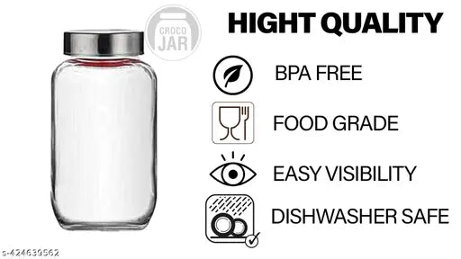 Transparent 2-liter CROCO JAR glass containers, airtight for kitchen storage (masala, dry fruits). Premium aluminum plastic cap, pack of 6. BPA free, food safe, and lick proof