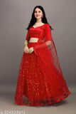 Women's silk semi-stitched lehenga choli set, free size. Solid top with embellished dupatta and net bottomwear. Indian bridal wear on display stand