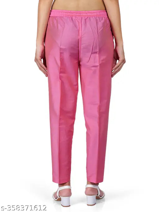 Pink poly blend solid net women's Kurti pant, elastic with drawstring, side pockets, high-quality stitching. Women's fashion wear in India