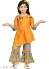 Red cotton kurta set with sharara bottomwear, acrylic dupatta for kids party wear