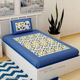 Blue 100% cotton Jaipuri single bedsheet with pillow cover, floral design for summer