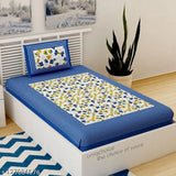 Blue 100% cotton Jaipuri single bedsheet with pillow cover, featuring floral designs ideal for summer