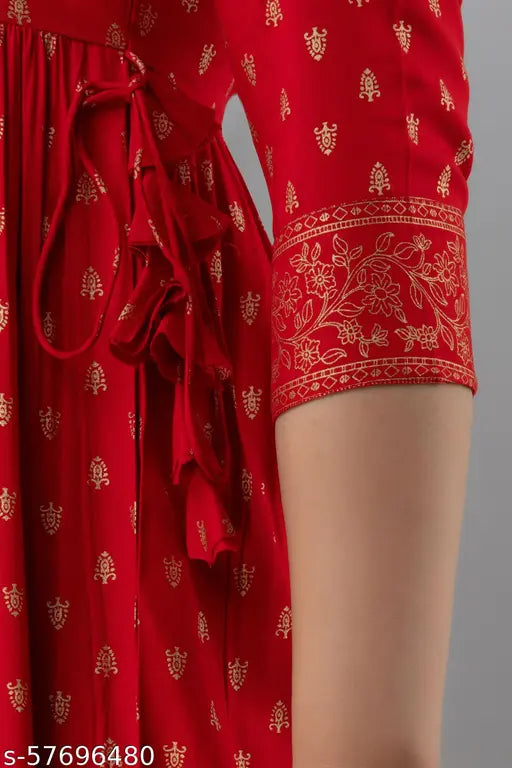 Gold Rayon Print Anarkali dress for women, three-quarter sleeves, Indian fashion on model