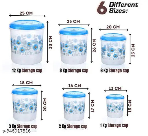 Blue printed plastic mixer jars, airtight and stackable containers (12KG, 8KG, 6KG, 3KG, 2KG, 1KG), ideal for groceries