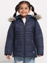 Navy blue girls' winter parka, polyester fur jacket with long sleeves, solid pattern, Vero Amore brand