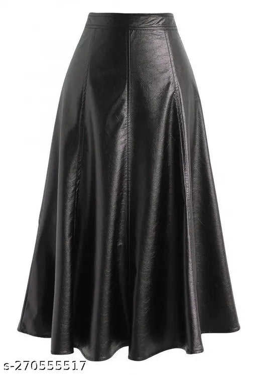 Leather midi skirt, high waist with elastic band, suitable for parties and events, solid black color