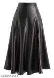Leather midi skirt, high waist with elastic band, suitable for parties and events, solid black color