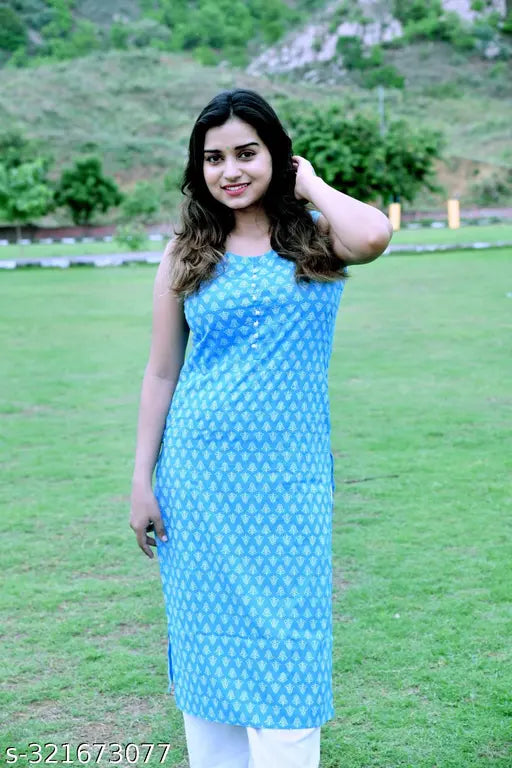 Blue rayon sleeveless Sakha Creation kurti with round neck and printed design on display