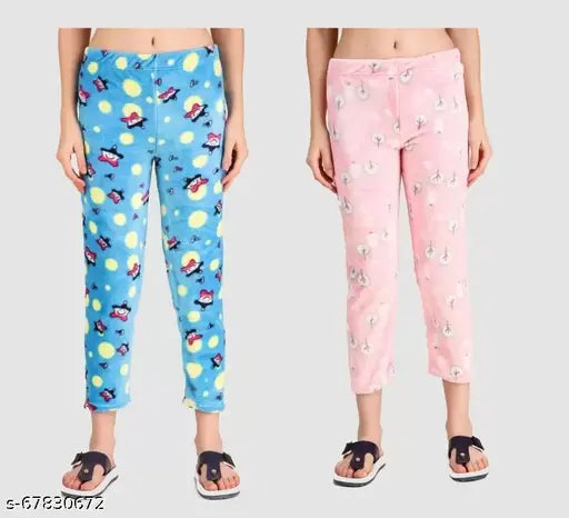 Woolen maxi length polyester pyjama set for women, 2 pack in sizes M and L from India