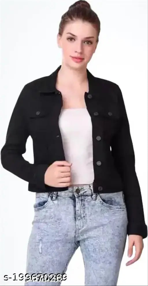 Denim long-sleeve solid color jacket for women (S-XL), Indian-made fashion jacket on hanger