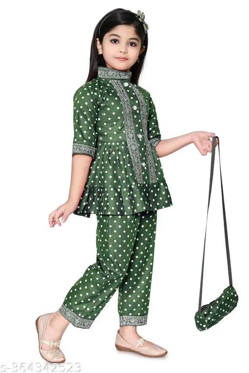 Rayon festive Kurta set with hand bag for girls, printed A-line top and salwar bottom in Indian ethnic style
