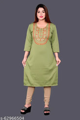 Women's straight embroidered woolen kurti for winter, three-quarter sleeves, calf length. Indian woolen fleece embroidery kurti for daily use or party wear