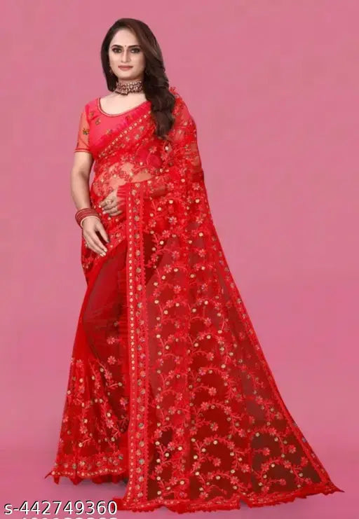 Embroidered net new look new styli fancy work saree with matching net blouse, free size, India origin