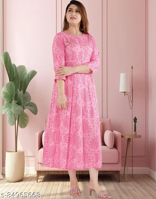 Pink Rayon A-Line Anarkali Kurti Dress with Printed Combo - Trendy Partywear