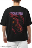 Men's large cotton blend three-quarter sleeve garuda black printed T-shirt, oversized fit for fashionable casual wear