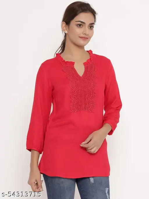 Rayon lace top with moss crape sleeves, embroidered net pattern for women's casual wear