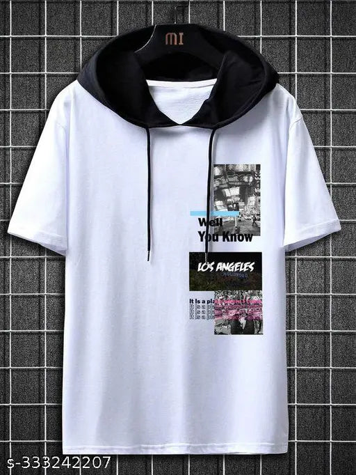Black and white striped polyester men's t-shirt hoodie on hanger, short sleeves, available in S, M, L, XL, XXL