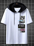 Black and white striped polyester men's t-shirt hoodie on hanger, short sleeves, available in S, M, L, XL, XXL