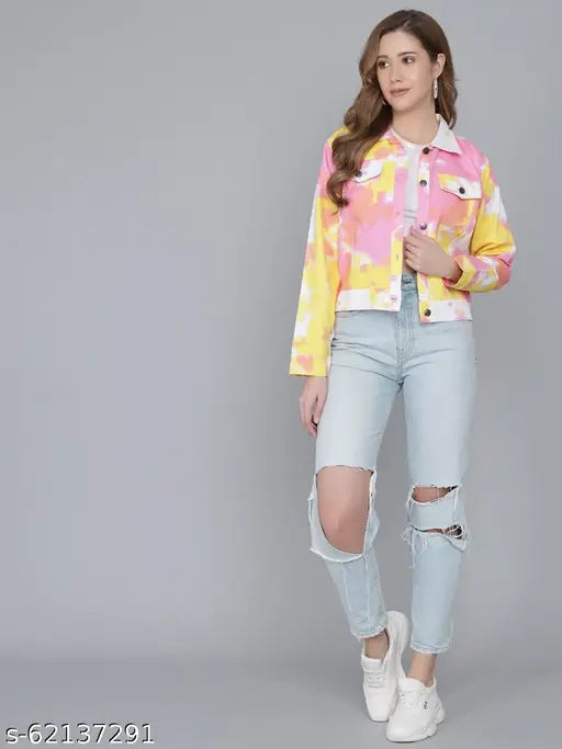 Cotton women's winter printed jacket, long sleeves, size S (bust 34in, length 20in), India origin