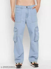 Light Blue Denim Baggy Pocket Cargo Jeans for Men by Lahaba - 6 pockets, Solid style, Size 28/30/32, Made in India