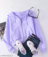 Lavender wool crop hoodie with zipper for kids, solid pattern and long sleeves, suitable for ages 9-16 years