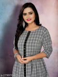 Cotton stripe kurta, checked pattern, VINH FASHION, three-quarter sleeves, Indian women's fashion