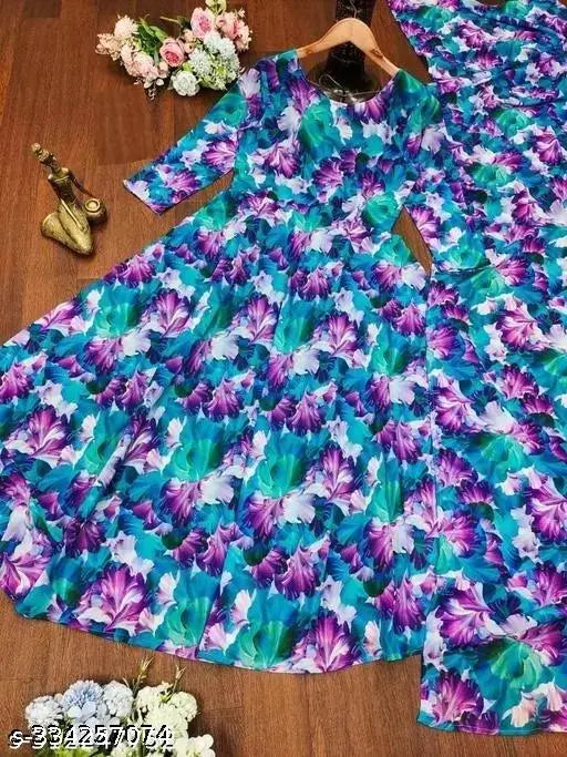 Blue printed net Georgette gown with bamboo inner fabric and matching dupatta for women's formal wear