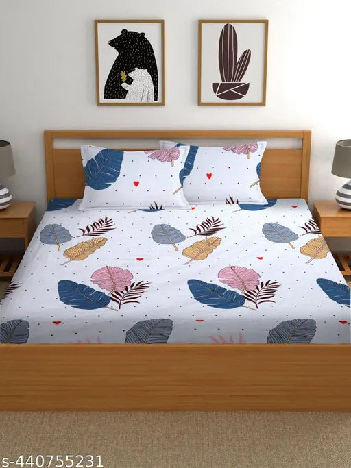 Chanderi cotton floral printed elastic fitted bedsheet (Pack of 1) - ideal for double beds, adult use in heavy winter. Made in India