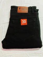 Black denim high-rise jeans for men, plain black color with clean distress finish, regular fit and full length