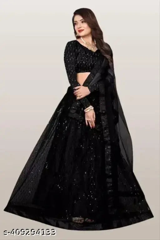 Indian heavy sequence work net lehenga choli & dupatta set with embellished top and solid lace work dupatta