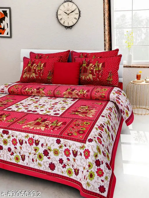 Gangor Jaipuri print cotton double bed sheet with 2 red pillow covers, vibrant Indian-inspired design