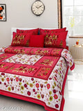 Gangor Jaipuri print cotton double bed sheet with 2 red pillow covers, vibrant Indian-inspired design