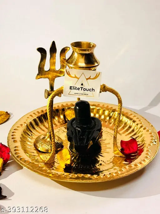 Black marble Shivling and brass trishul, Shivalingam idol for temple worship. Dimensions: 14cm (L) x 12cm (H) x 14cm (B). Indian origin