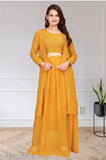 Yellow Georgette Shisha Three Set (Lehenga, Choli, Shrug), Indian Indo-Western fashion for women's wedding and party wear, long sleeves with added shrug
