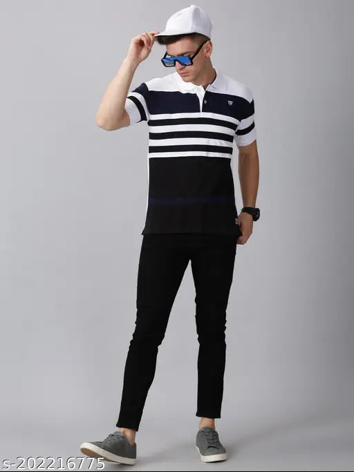 Striped cotton premium collar t-shirt, comfortable and casual for men's summer wardrobe, made in India