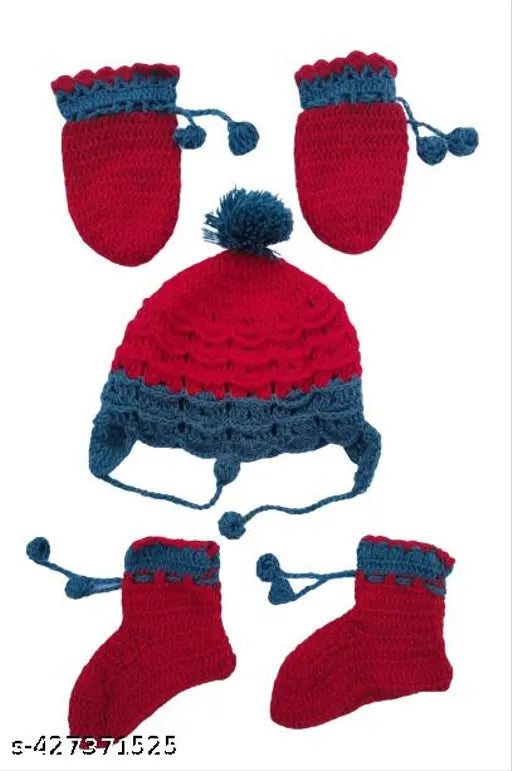 Hand-knitted red and grey wool girl sweater set with cap, mittens, and socks - high quality winter wear for babies