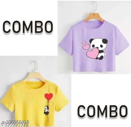 Printed cotton blend L taddy Y haert short sleeves tops, two pieces in sizes S, L, and XL, made in India