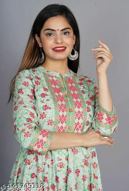C Green Women's Rayon Printed Kurti, three-quarter sleeves, trendy printed combo, S-XXXL sizes, India origin
