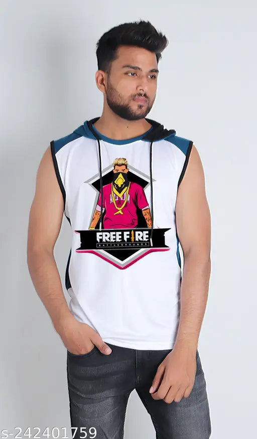 Freefire gaming characters cotton blend sleeveless t-shirt, vibrant printed design for sports-casual wear, made in India
